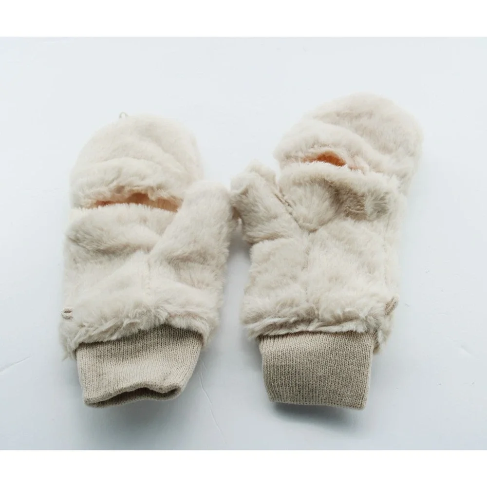 Beige Faux Fur Convertible Mittens Fingerless Gloves  Cozy